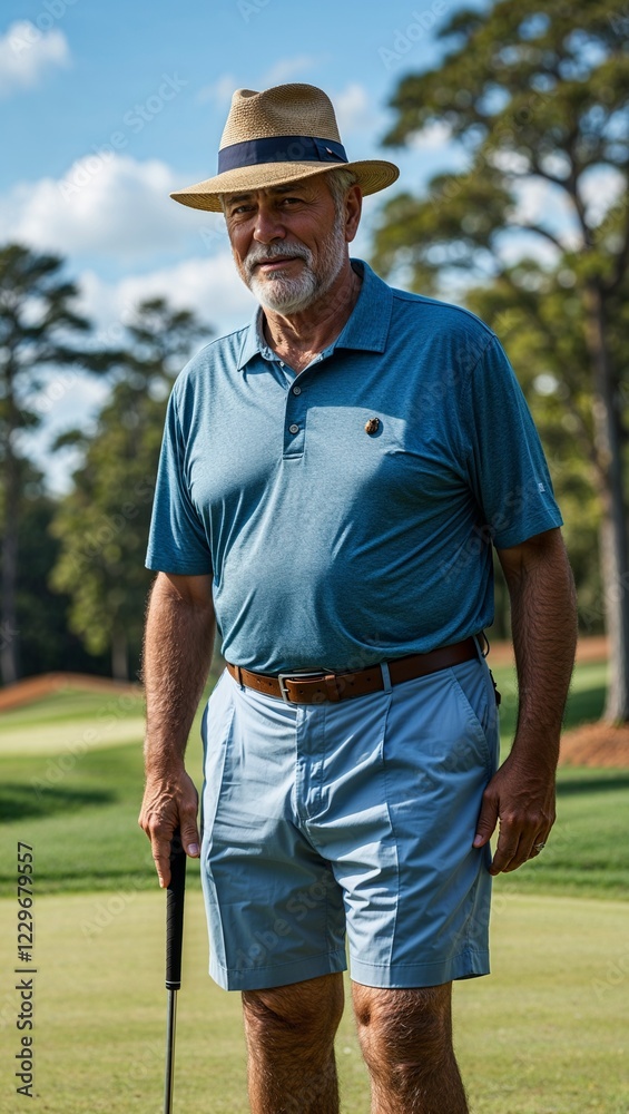  A grandfather in a relaxedfit polo and Bermuda shorts with a straw hat on a golf course