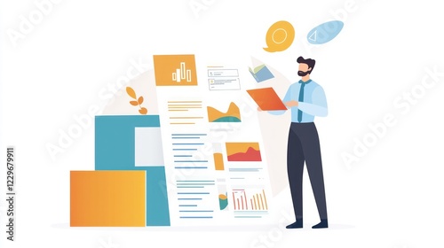 An insurance agent presenting financial products, with brochures and client data on a white background.