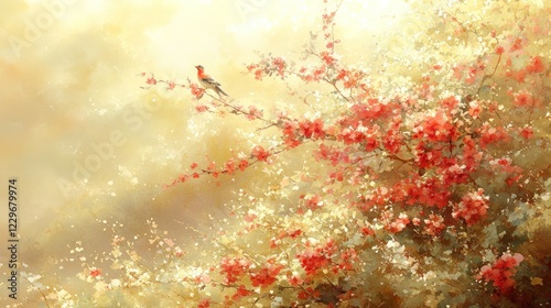 A small bird perched on a flowering branch in a sunlit garden.