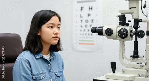 Patient getting an eyesight test using a phoropter in an ophthalmology clinic, checking visual acuity and eye health photo
