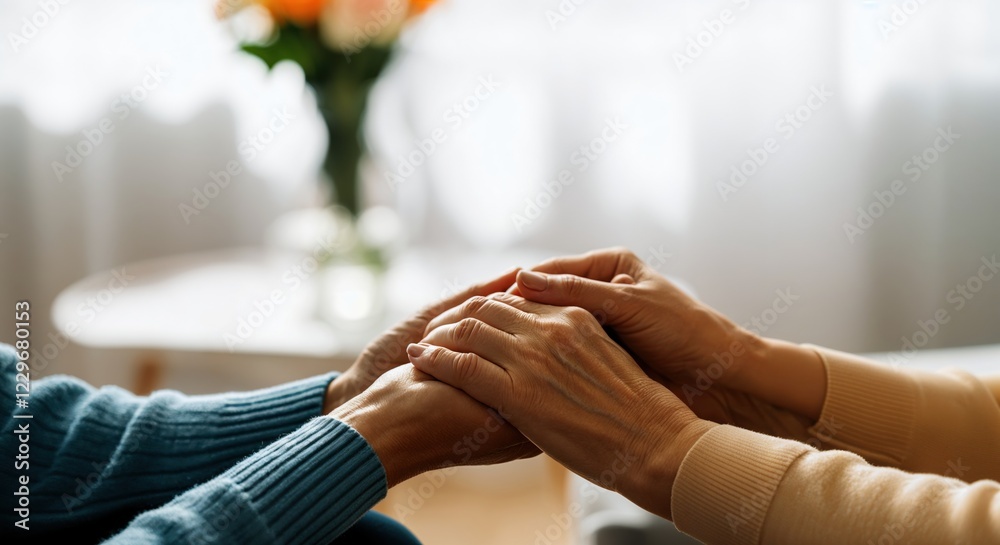 Obraz premium Close up of caregiver holding senior woman's hands, offering compassion and empathy in a healthcare setting