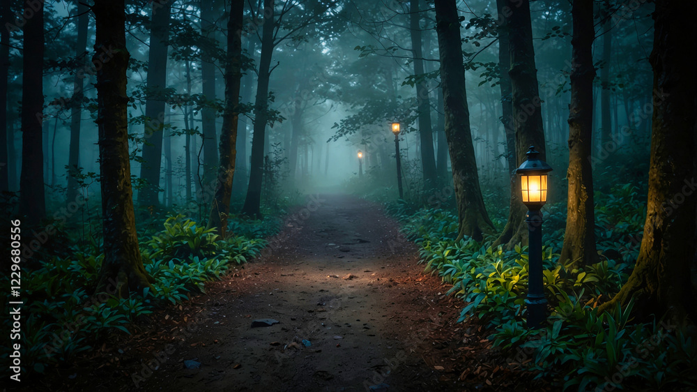 Fototapeta premium A moody, atmospheric image of a dimly lit forest path, with an old lantern illuminating the surrounding area
