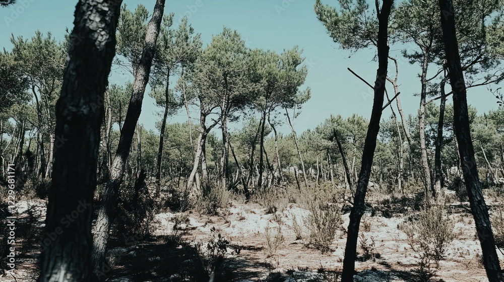 Obraz premium Sunlit pine forest with sandy ground and leaf litter.