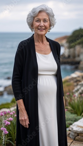  A grandmother in a black longline cardigan over a sleeveless white dress on a coastal garden photo