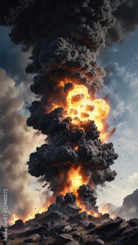 an unseen force unleashes a massive burst of black smoke into the air, invisible energy release, black smoke explosion effect, sudden vaporization