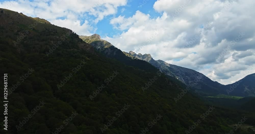 Vibrant Landscape Brightly Lit Mountain Top Cliff Edges In Rila Bulgaria Aerial Rise Vibrant Landscape Brightly Lit Mountain Top Cliff Edges In Rila Bulgaria Aerial Rise