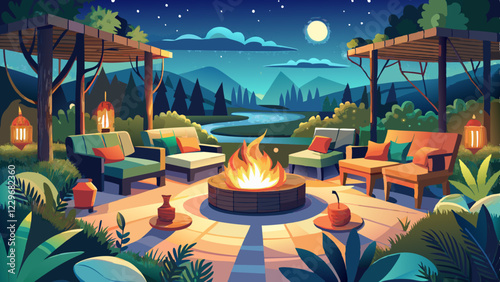 Lavish campfire setting with bespoke seating options, surrounded by greenery and evening lights, perfect for gatherings and relaxation