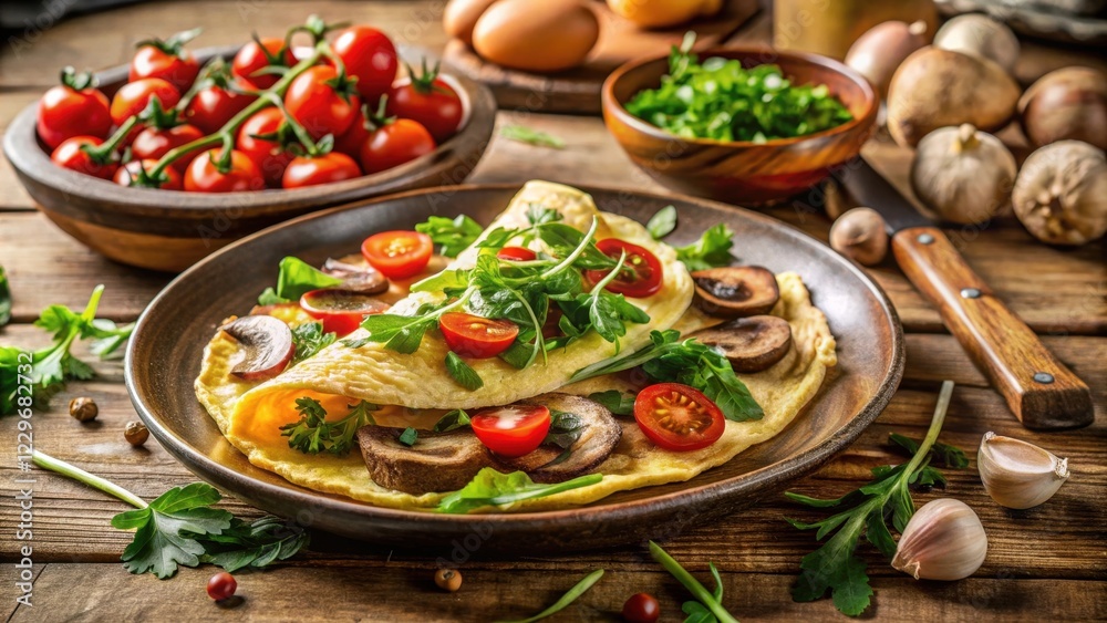 Delectable Egg Omelette with Saut?ed Mushrooms, Cherry Tomatoes, and Fresh Greens on Rustic Wooden Table Delectable Egg Omelette with Saut?ed Mushrooms, Cherry Tomatoes, and Fresh Greens on Rustic Wooden Table