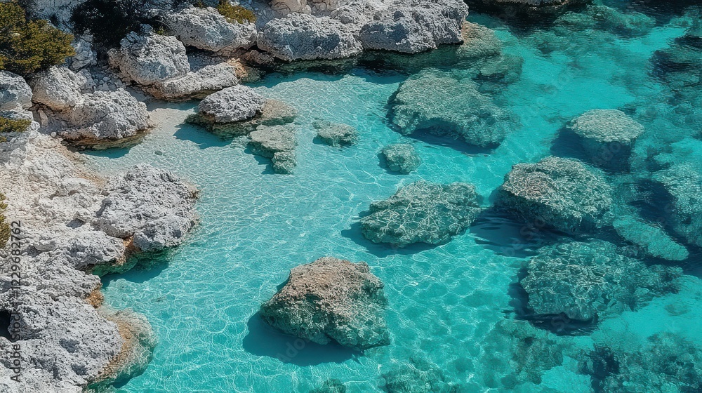 Clear turquoise water laps gently against white rocks on a secluded beach. Clear turquoise water laps gently against white rocks on a secluded beach.