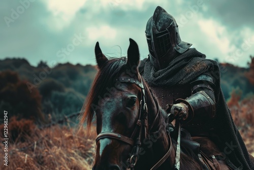 Knight wearing armor riding horse in dramatic landscape, showcasing medieval warfare and equestrianism