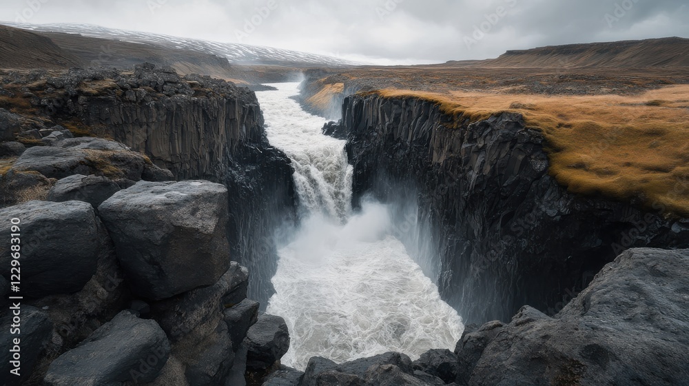 A powerful waterfall cascading into a rocky pool below.