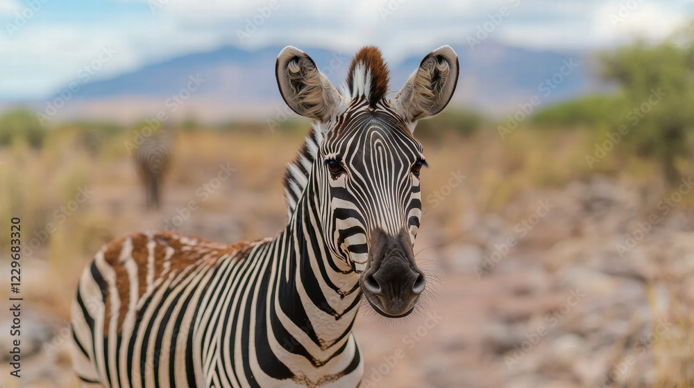Naklejka premium Zebra in natural safari setting, showcasing its striking black and white stripes. serene environment enhances beauty of this majestic animal