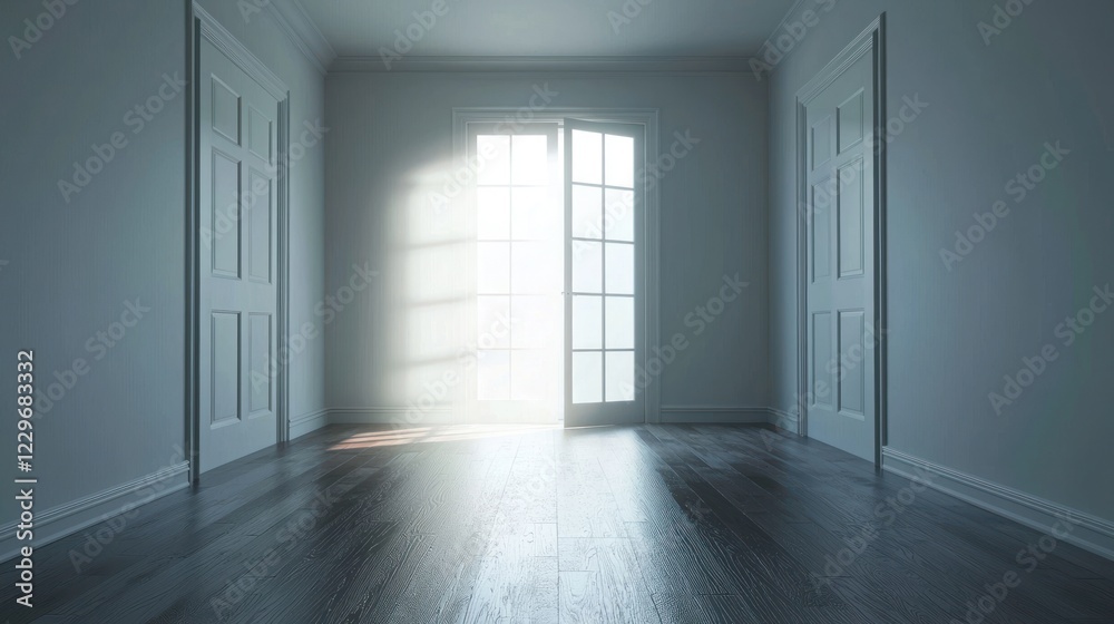 Fototapeta premium Sunlit Empty Room Interior Design: Minimalist Architecture, Serene Atmosphere, Modern Home, Bright Space, Elegant Doors, Hardwood Floor, Clean Lines