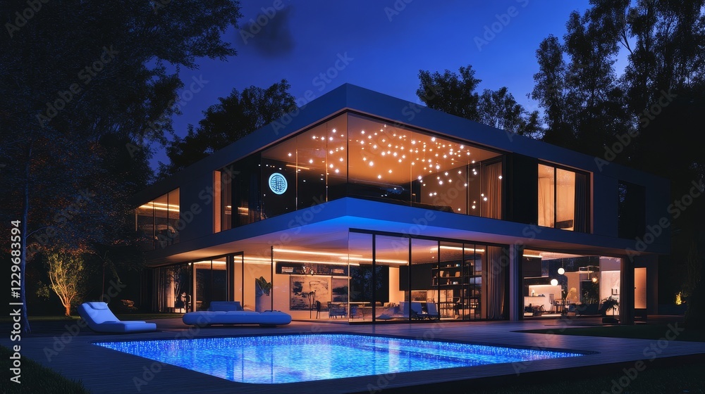 A stunning modern home features a sparkling pool and ambient lights, surrounded by lush trees at night, creating a serene and inviting atmosphere. A stunning modern home features a sparkling pool and ambient lights, surrounded by lush trees at night, creating a serene and inviting atmosphere.