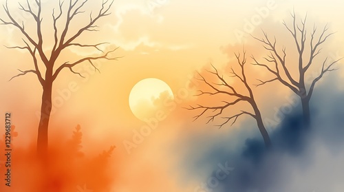 Illustration of sunrise in the forest 
