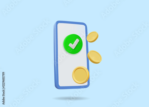 3D vector render illustration of a smartphone icon with a green check mark and gold coins floating around. Digital financial transaction concept. online payment Receiving money via mobile wallet