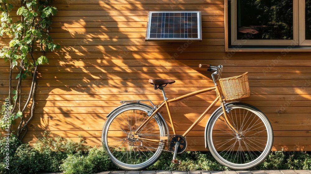 Sustainability at Home. A bicycle with a basket against a wooden wall and window. Sustainability at Home. A bicycle with a basket against a wooden wall and window.