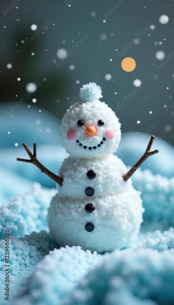 Tiny snowman sits on a light blue blanket with a few snowflakes around him, peaceful, snowman, frosty Tiny snowman sits on a light blue blanket with a few snowflakes around him, peaceful, snowman, frosty