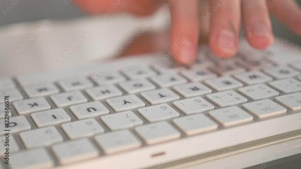 Extreme close up of hands slowly typing on a keyboard, emphasizing attention to detail and precision in crafting professional communication and business correspondence. Extreme close up of hands slowly typing on a keyboard, emphasizing attention to detail and precision in crafting professional communication and business correspondence.