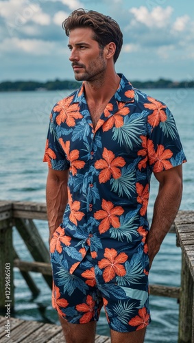  A man in swim trunks and a tropicalpattern buttonup shirt on a wooden pier photo