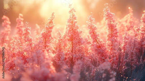 Pink flowers illuminated by sunrise.