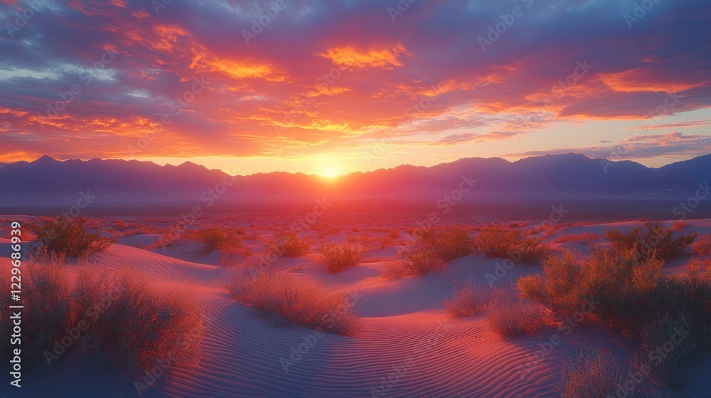 Obraz premium Vibrant sunset over desert landscape with sand dunes and mountains.