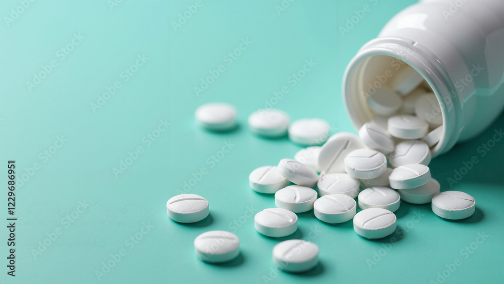High-Resolution Stock Photo of White Pills on Teal Background for Pharmaceutical Ads, Healthcare Brochures, and Wellness Blogs High-Resolution Stock Photo of White Pills on Teal Background for Pharmaceutical Ads, Healthcare Brochures, and Wellness Blogs