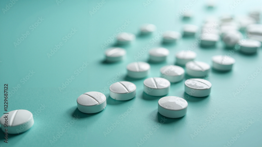 High-Resolution Stock Photo of White Pills on Teal Background for Pharmaceutical Ads, Healthcare Brochures, and Wellness Blogs High-Resolution Stock Photo of White Pills on Teal Background for Pharmaceutical Ads, Healthcare Brochures, and Wellness Blogs