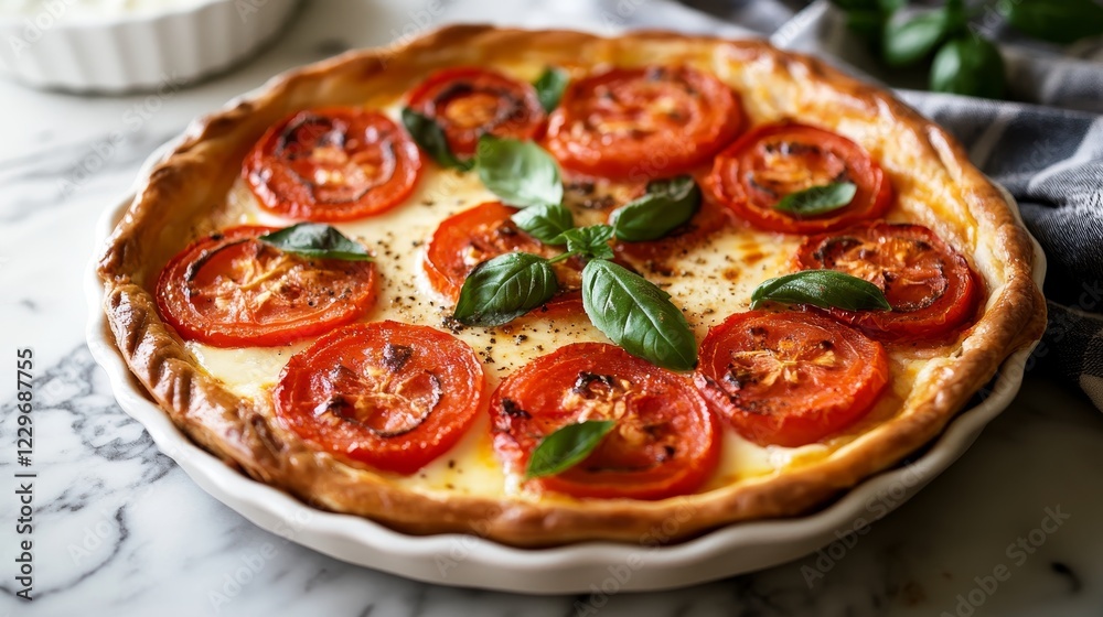 A pizza with tomatoes and basil on top. The pizza is placed on a white plate. The plate is on a marble countertop A pizza with tomatoes and basil on top. The pizza is placed on a white plate. The plate is on a marble countertop