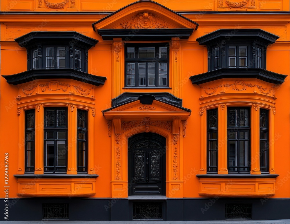 Obraz premium Orange building facade with black windows and door.
