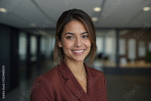 Headshot close up face portrait of young happy smiling Hispanic businesswoman, female company worker or corporate manager, confident business woman entrepreneur looking at camera at work in office. 