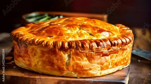 Video of traditional New Zealand style meat pie with buttery flaky pastry on wood cutting board. Local cuisine specialty