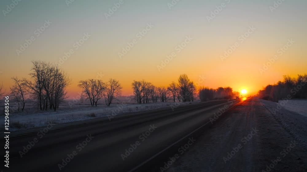 Winter Road Dawn and Big Bright Sun Winter Road Dawn and Big Bright Sun