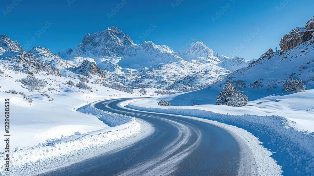 Winding road through snowy mountain range on a sunny winter day. Winding road through snowy mountain range on a sunny winter day.