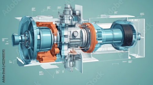 Hydropower turbine intake system, clean labeled cross-section, corporate technical illustration.