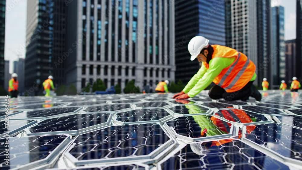 Workers install solar panels on a futuristic building rooftop in an urban setting