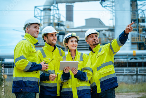 Team of workers discussing project details at industrial site during daylight hours