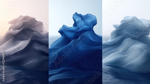 Abstract triptych of flowing fabric sculptures in varying shades of blue, grey, and white, resembling waves or mountains against a calm sea. photo