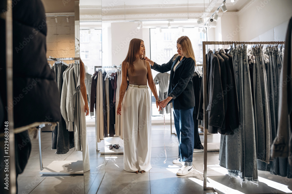 Standing and measuring the hand length. Two female friends are in the retail store, choosing clothes, shopping