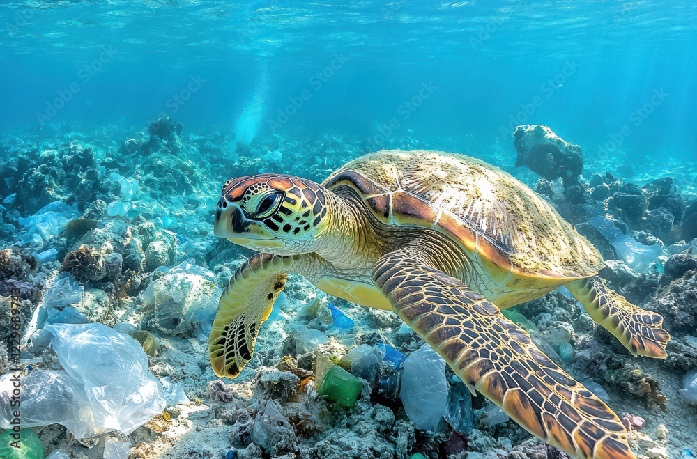 Obraz premium Underwater Scene of Sea Turtle Swimming through Plastic Waste in Ocean Environment Showing Marine Pollution and Impact on Wildlife Conservation Efforts