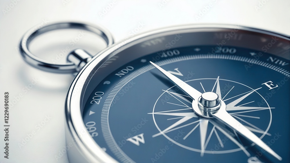 A detailed compass with a silver finish, set against a light background, emphasizing its directional features and elegant design. A detailed compass with a silver finish, set against a light background, emphasizing its directional features and elegant design.