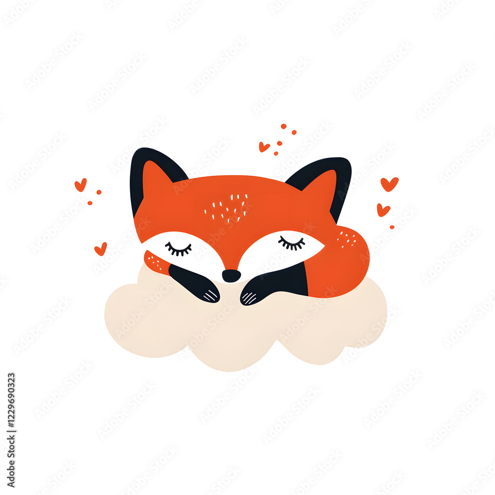 Fototapeta premium Cute little fox sleeping on cloud children flat illustration, isolated on a white background