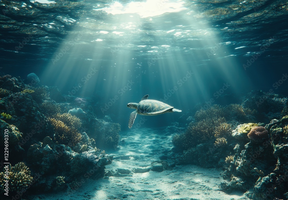 Fototapeta premium Underwater Scene with a Graceful Sea Turtle Gliding Through Clear Ocean Water Surrounded by Vibrant Coral and Sun Rays Streaming Down
