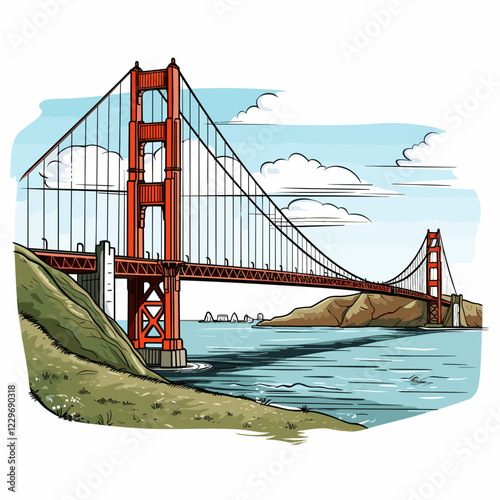Golden Gate Bridge. Golden Gate Bridge hand-drawn comic illustration. Vector doodle style cartoon illustration