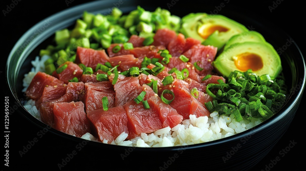 Delicious poke bowl with tuna, avocado, rice, and scallions. Delicious poke bowl with tuna, avocado, rice, and scallions.