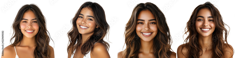 Glamorous studio headshot portrait of a confident and cheerful young woman with beautiful long brown hair natural makeup and a warm radiant smile Glamorous studio headshot portrait of a confident and cheerful young woman with beautiful long brown hair natural makeup and a warm radiant smile
