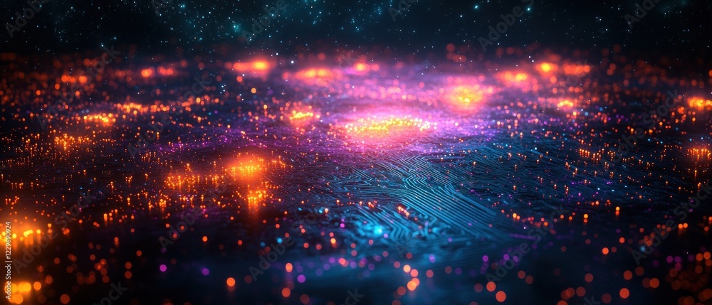 Vibrant cosmic landscape with glowing particles in space Vibrant cosmic landscape with glowing particles in space