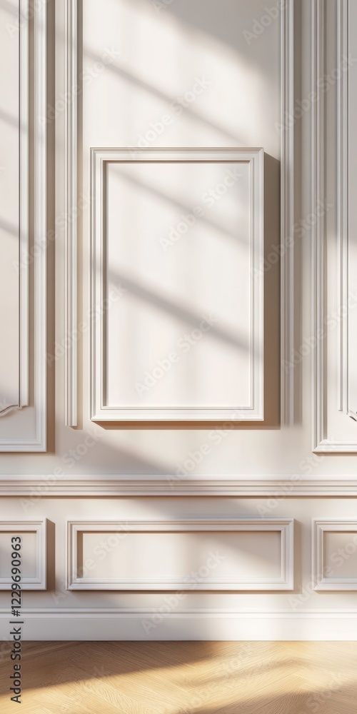 Fototapeta premium Sunlight casts soft shadows on a classic interior wall with elegant molding, creating a serene and minimalist atmosphere.