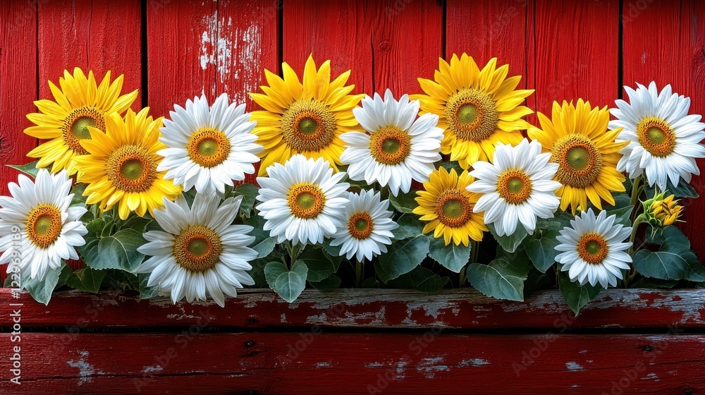 Obraz premium Sunflowers and daisies in a rustic red wooden planter.