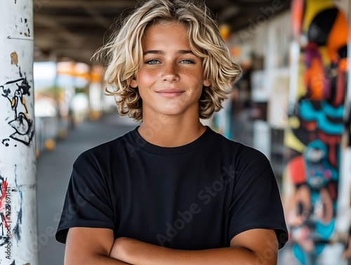 A young man with blonde hair standing in front of a graffiti covered wall photo